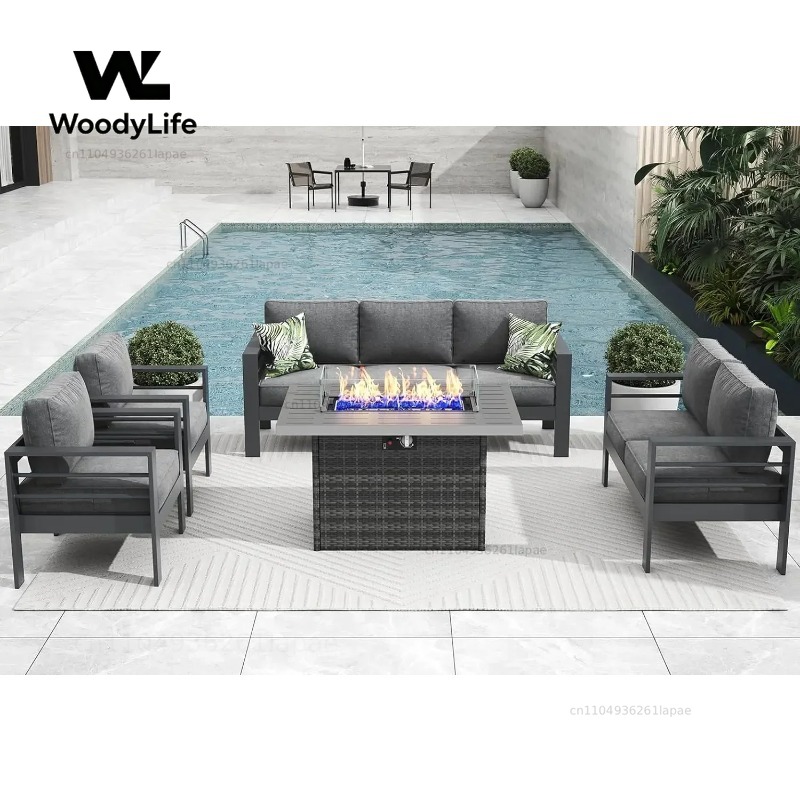Outdoor Furniture With Fire Pit Table - Set Furnitur Teras Aluminium Modern L5