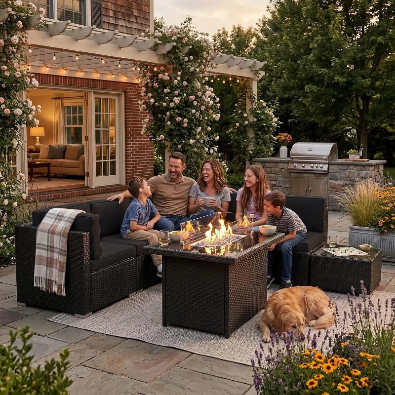 Outdoor Furniture With Fire Pit Table - Set Sofa Anyaman 8-Potong untuk Teras
