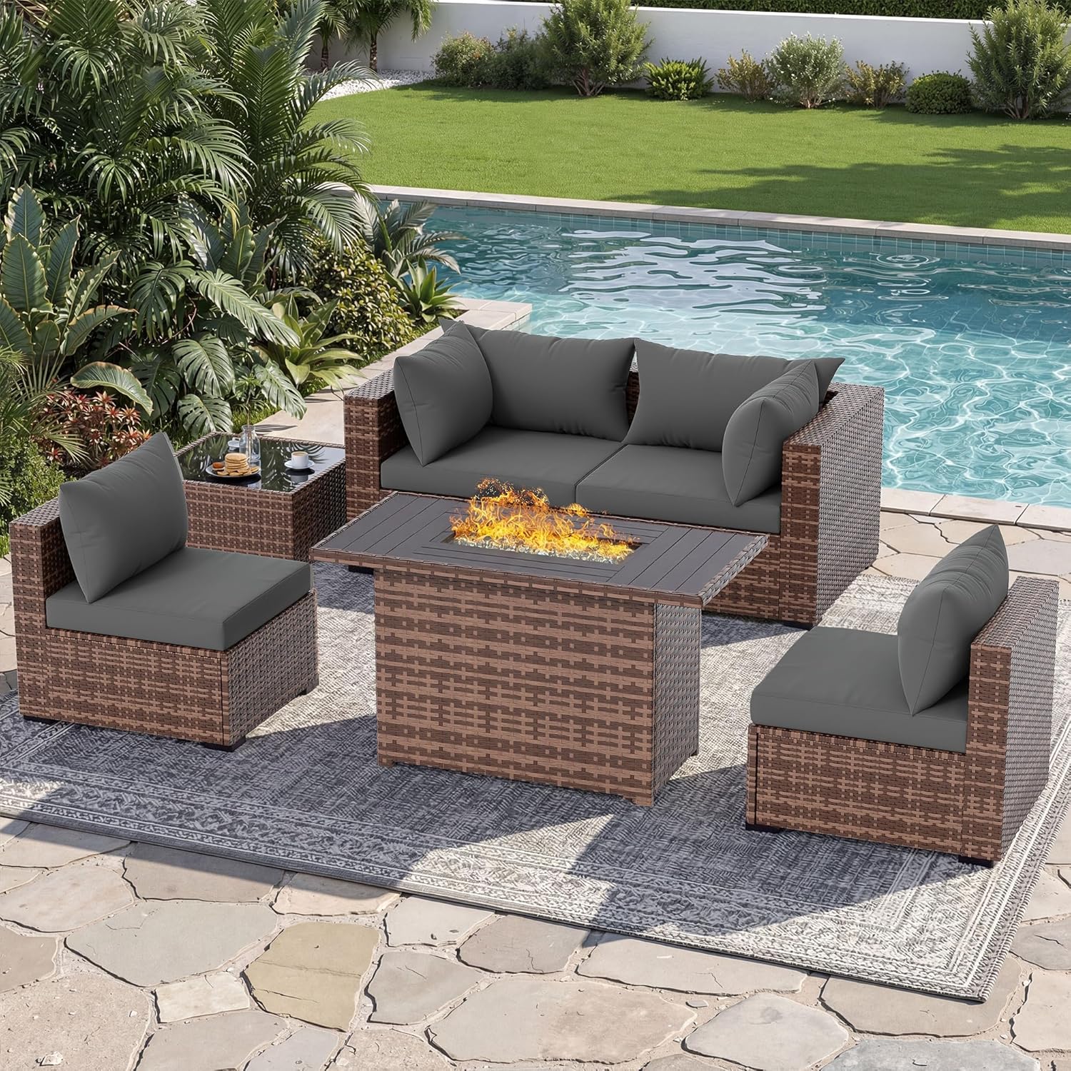 Outdoor Furniture With Fire Pit Table - Set Sofa Seksional Luar Ruangan 5