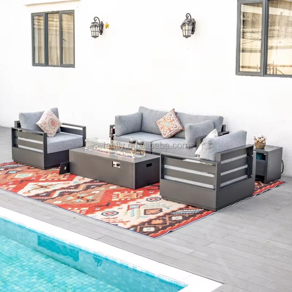 Outdoor Furniture With Fire Pit Table - Set Furnitur Taman Modern Aluminium untuk