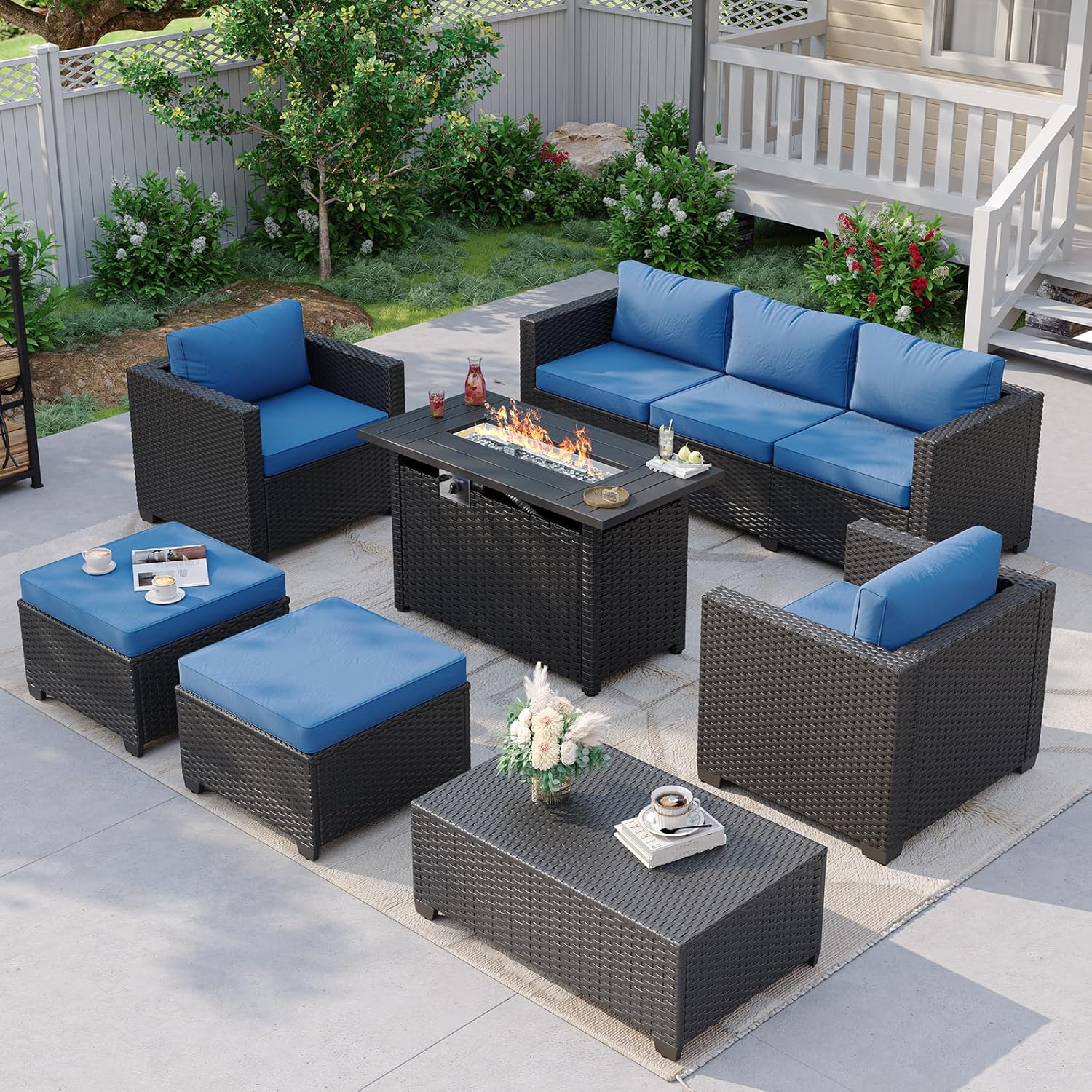 Outdoor Furniture With Fire Pit Table - Sofa Seksional Luar Ruangan Biru Dongker