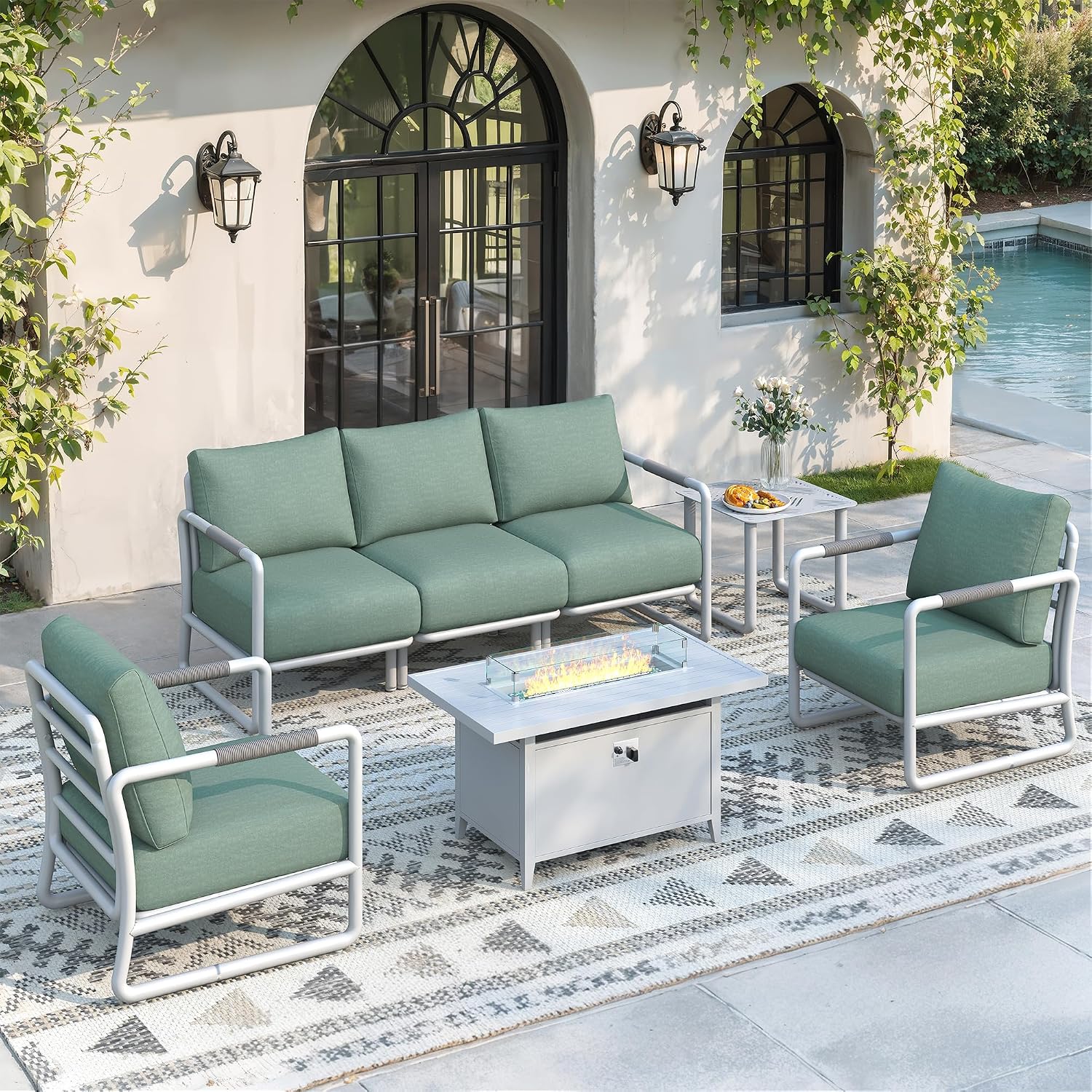 Outdoor Furniture With Fire Pit Table - Set Furnitur Teras Aluminium 7-Potong untuk