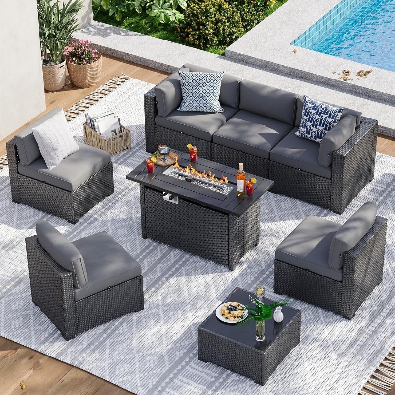 Set Furnitur Teras Aoxun 8 Bua - Outdoor Furniture With Fire Pit Table ulasan dan harga